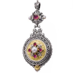 Majestic Gerochristos Byzantine pendant with a freshwater pearl and pink tourmalines in the center