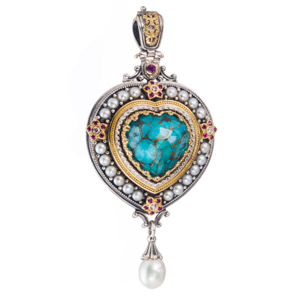 Majestic Gerochristos Byzantine pendant with heart-shaped turquoise stone doublet in the center