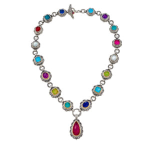 Impressive multi-stone Gerochristos necklace decorated with colorful double stones and filigree designs